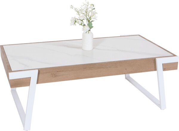 Konferenní stolek HWC-L89, rozkládací stolek do obývacího pokoje, elezo 43x120x64cm slinutý kámen mramorový vzhled bílé pírodní dřevo