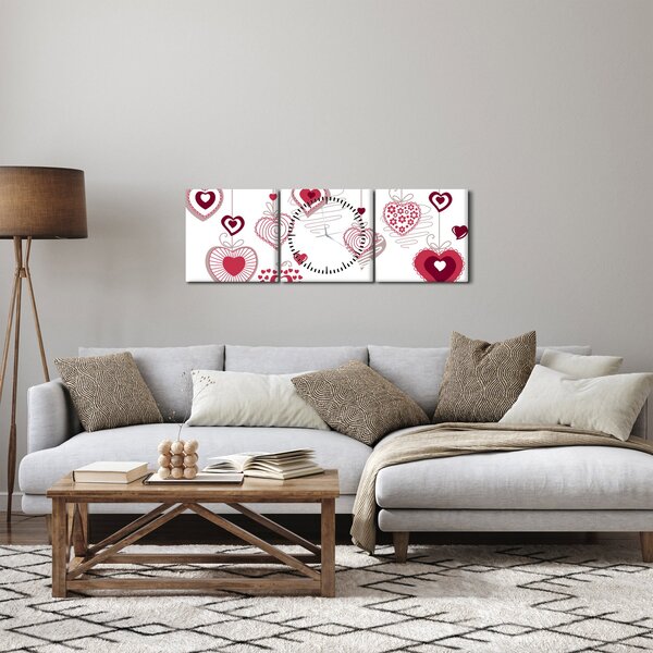 Obraz malovaných srdíček (s hodinami) (90x30 cm)