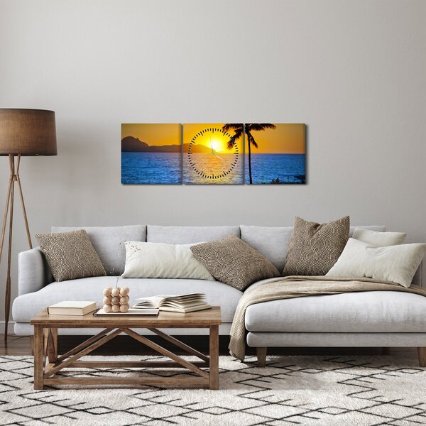Obraz - Západ slunce nad mořem (s hodinami) (90x30 cm)