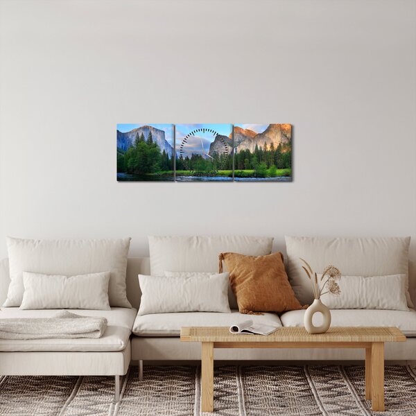 Obraz divoké horské krajiny (s hodinami) (90x30 cm)