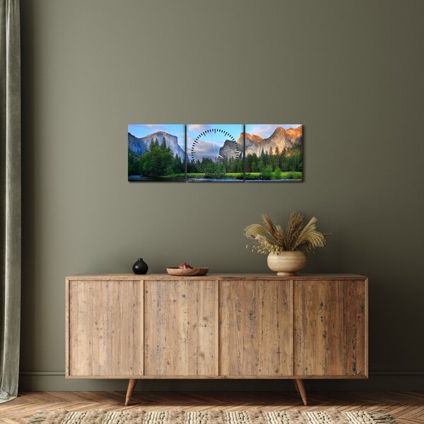 Obraz divoké horské krajiny (s hodinami) (90x30 cm)