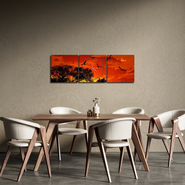 Obraz ptáků při západu slunce (s hodinami) (90x30 cm)