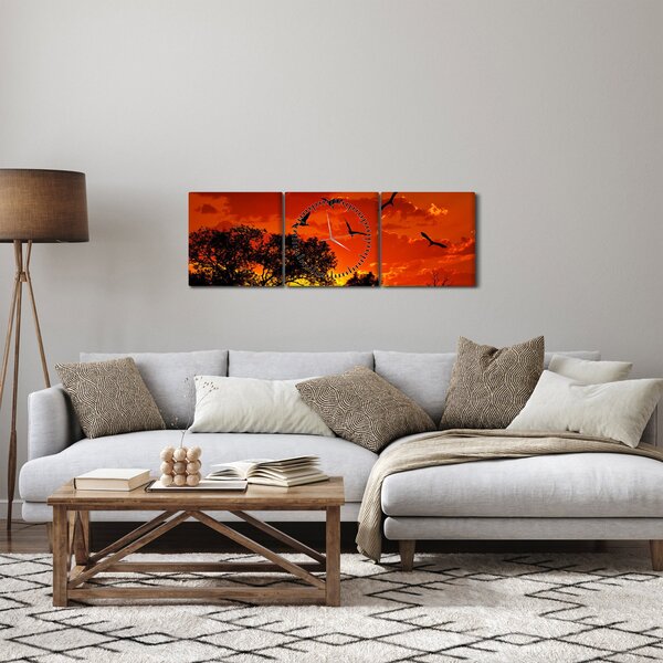 Obraz ptáků při západu slunce (s hodinami) (90x30 cm)