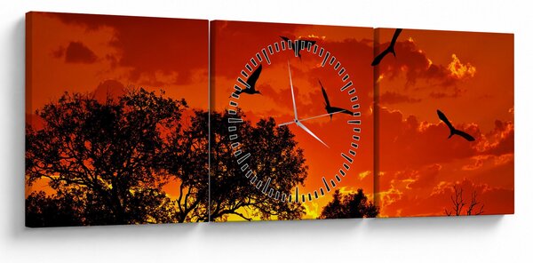 Obraz ptáků při západu slunce (s hodinami) (90x30 cm)