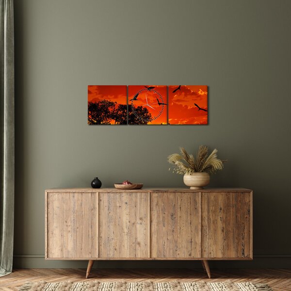 Obraz ptáků při západu slunce (s hodinami) (90x30 cm)