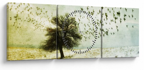 Obraz - Malované hejno ptáků (s hodinami) (90x30 cm)