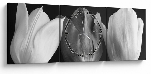 Obraz - Černobílé květy tulipánů (s hodinami) (90x30 cm)