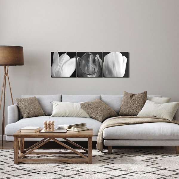 Obraz - Černobílé květy tulipánů (s hodinami) (90x30 cm)