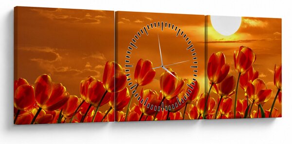 Obraz rozkvetlého lánu s tulipány (s hodinami) (90x30 cm)