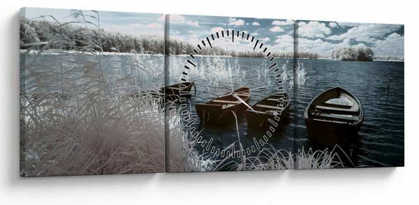 Obraz - Dřevěné loďky na jezeru (s hodinami) (90x30 cm)