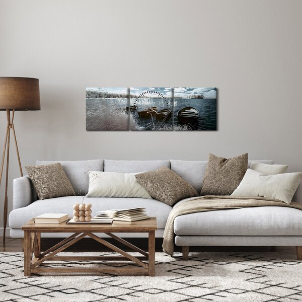 Obraz - Dřevěné loďky na jezeru (s hodinami) (90x30 cm)