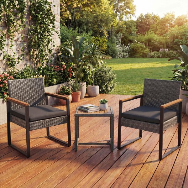 Sada z polyratanu HWC-P74, zahradní lounge set 2x idle, stl, akáciové dřevo, látka 180 g/m² edá, polstrování edé