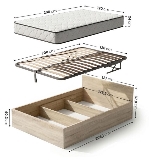 Jednolůžková postel se zvedacím roštem a matrací 120x200 cm dub sonoma