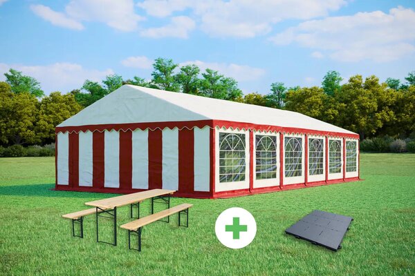 Párty stan 6x12m STANDARD SET – stan + pivní sety + podlaha barva Červeno-bílá