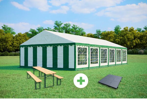 Párty stan 6x12 m PREMIUM SET – stan + pivní sety + podlaha barva Zeleno-bílá