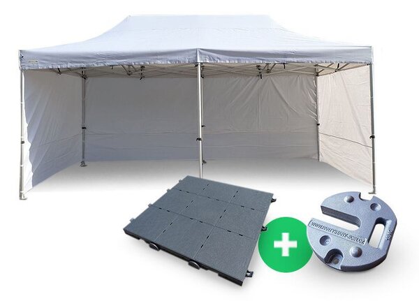 Nůžkový Párty stan 3x6m ALU Premium 4ks plné bočnice + PLASTOVÁ PODLAHA 72ks + ZÁVAŽÍ 6ks barva Zelená