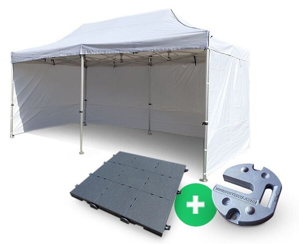 Nůžkový Párty stan 4x8m ALU Premium 4ks plné bočnice + PLASTOVÁ PODLAHA 128ks + ZÁVAŽÍ 6ks barva Zelená
