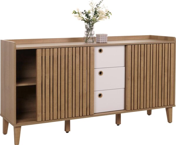 Píborník HWC-M48, komoda, úloný prostor s posuvnými dvemi, MDF 81x150x40cm pírodní, zásuvky bílé