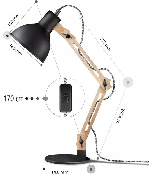 Černá stolní lampa E27 230 V, nastavitelná, IP20