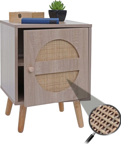 Noní stolek HWC-M35, konferenní stolek, odkládací pihrádky, melaminové dřevo Kubu ratan, dubový vzhled 56x40x40cm