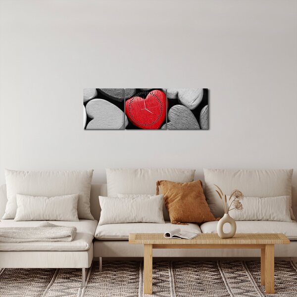Obraz dřevěných srdíček (s hodinami) (90x30 cm)