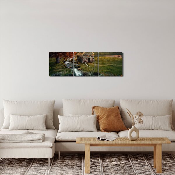 Obraz chalupky v pohádkové krajině (s hodinami) (90x30 cm)