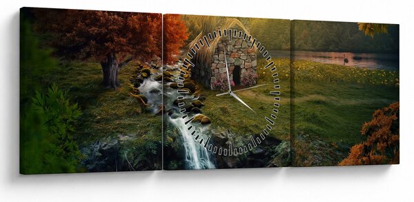 Obraz chalupky v pohádkové krajině (s hodinami) (90x30 cm)