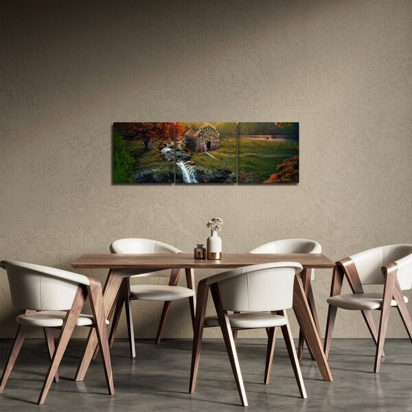 Obraz chalupky v pohádkové krajině (s hodinami) (90x30 cm)