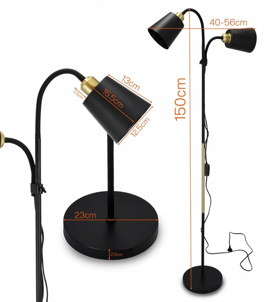 Černá LED stojací lampa, nastavitelná, patice E27