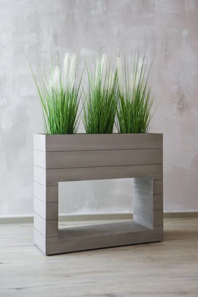 Dřevěný květináč META, dřevo, s kolečky, šířka 84 cm, světle šedá