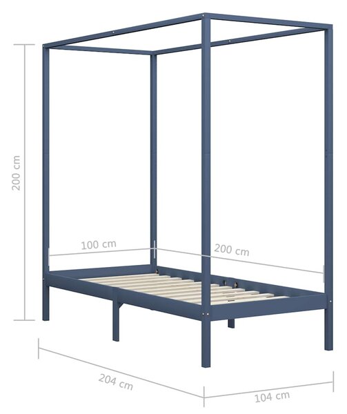 Rám postele s nebesy šedý masivní borové dřevo 100 x 200 cm 283275