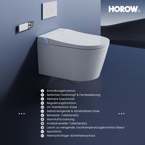 HOROW Inteligentní toaletní mísa s funkcí sprchy, chytrá toaleta s UV sterilizací, samočisticí tryska, vyhřívaná bidetová funkce, sušení teplým vzduchem, noční osvětlení