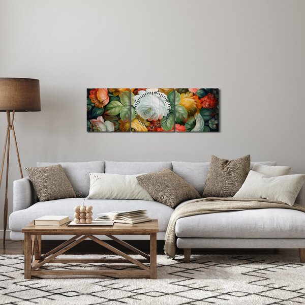 Obraz malované kytice květin (s hodinami) (90x30 cm)