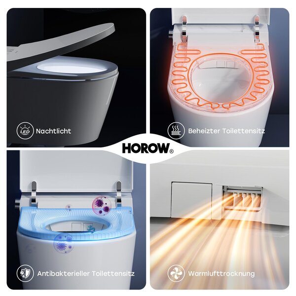 HOROW Inteligentní toaletní mísa s funkcí sprchy, chytrá toaleta s UV sterilizací, samočisticí tryska, vyhřívaná bidetová funkce, sušení teplým vzduchem, noční osvětlení