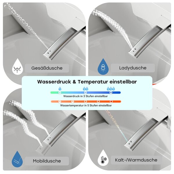 HOROW Inteligentní toaletní mísa s funkcí sprchy, chytrá toaleta s UV sterilizací, samočisticí tryska, vyhřívaná bidetová funkce, sušení teplým vzduchem, noční osvětlení
