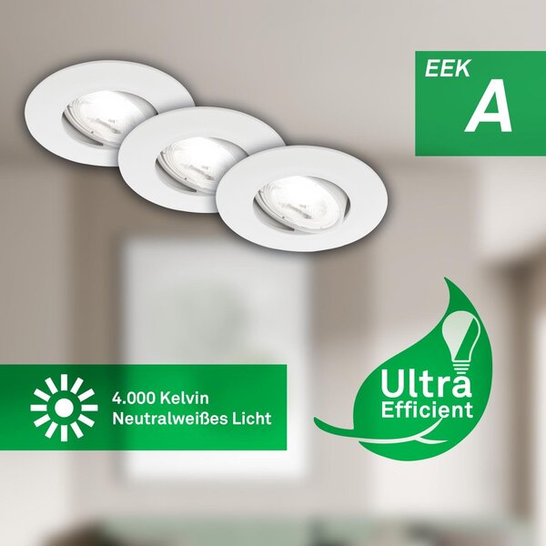 BRILO 7989036 3ks sada LED vestavné bodové svítidlo EEK A 90mm, nastavitelné, ploché, 2W, 4000K, bílé - BRILO