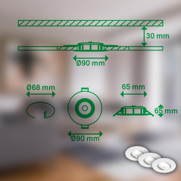 BRILO 7989036 3ks sada LED vestavné bodové svítidlo EEK A 90mm, nastavitelné, ploché, 2W, 4000K, bílé - BRILO