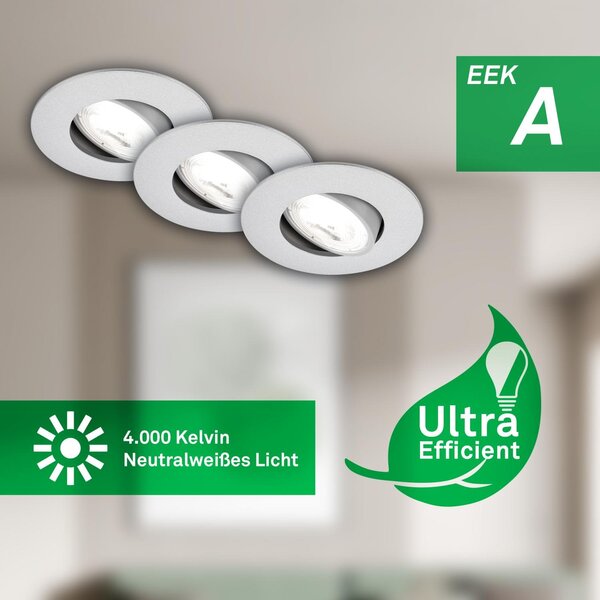 BRILO 7989034 3ks sada LED vestavné bodové svítidlo EEK A 2W, 230V, nastavitelné, ultraploché, 90mm, matný chrom - BRILO