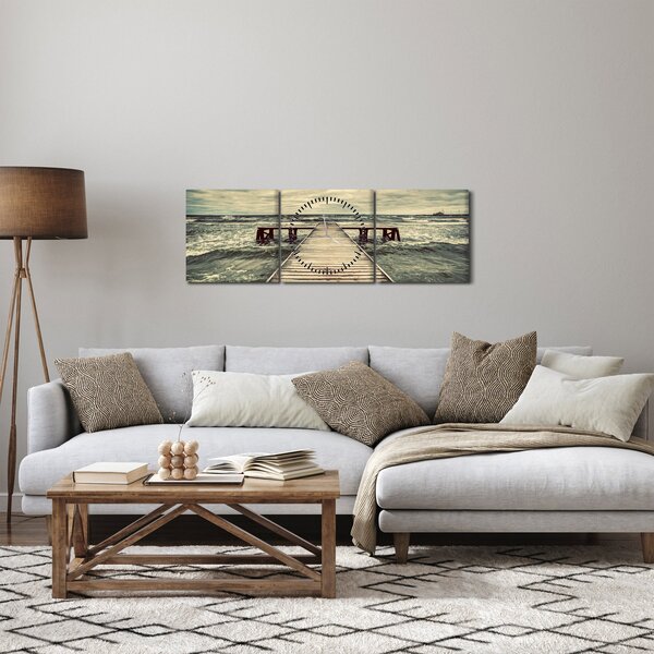 Obraz dřevěného mola na moři (s hodinami) (90x30 cm)