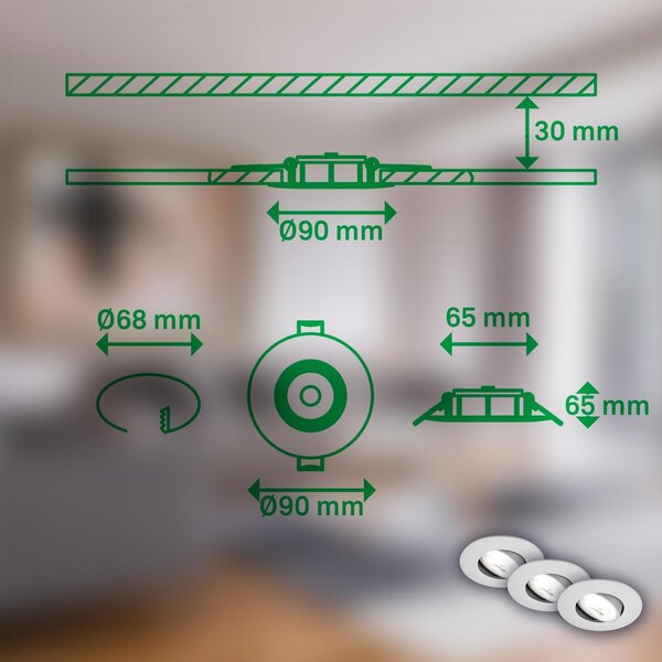BRILO 7989034 3ks sada LED vestavné bodové svítidlo EEK A 2W, 230V, nastavitelné, ultraploché, 90mm, matný chrom - BRILO