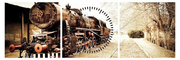 Obraz - Historická lokomotiva (s hodinami) (90x30 cm)