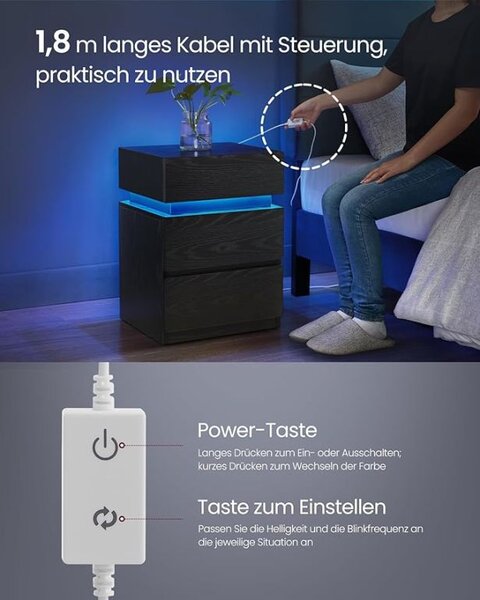 Noční stolek s LED osvětlením, 3 zásuvky, černý dekor dřeva