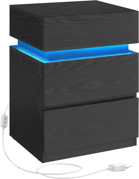 Noční stolek s LED osvětlením, 3 zásuvky, černý dekor dřeva