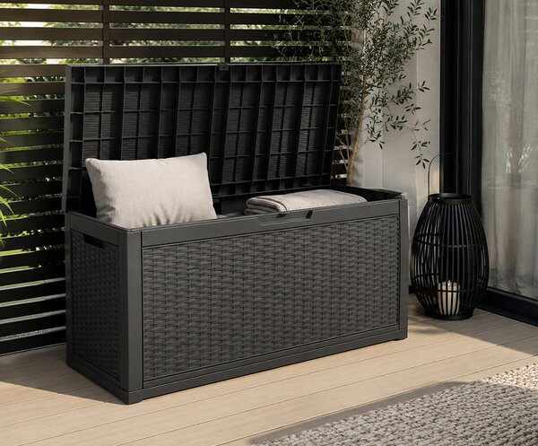 Zahradní úložný box na polstry a nářadí 340 l, černý, voděodolný, 119×58×52 cm
