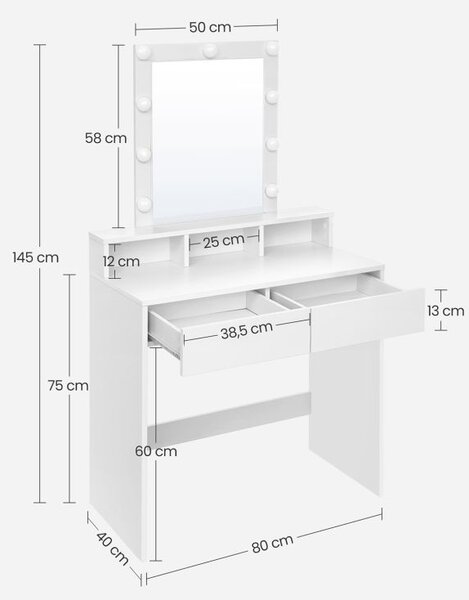 Toaletní stolek s LED žárovkami a úložným prostorem, bílý