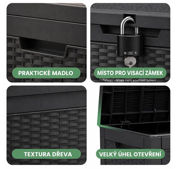 Zahradní úložný box na polstry a nářadí 340 l, černý, voděodolný, 119×58×52 cm