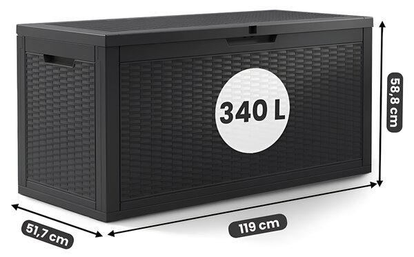 Zahradní úložný box na polstry a nářadí 340 l, černý, voděodolný, 119×58×52 cm