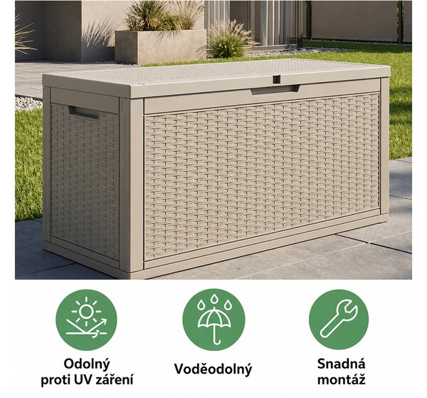 Zahradní úložný box na polstry a nářadí 340 l, šedý, voděodolný, 119×58×52 cm