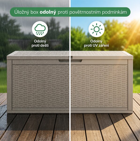 Zahradní úložný box na polstry a nářadí 340 l, šedý, voděodolný, 119×58×52 cm