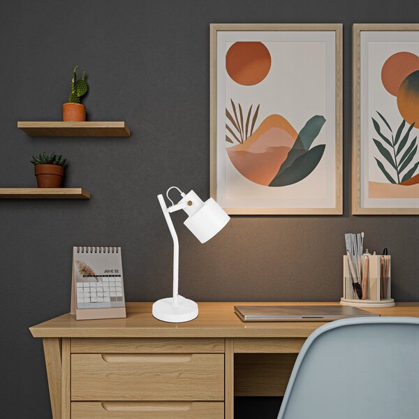 Bílá stolní lampa E27, nastavitelná, IP20, šířka 15 cm, výška 38 cm